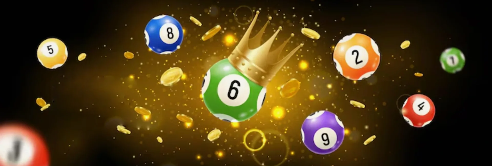 Numbered lottery balls and a gold crown against a black field